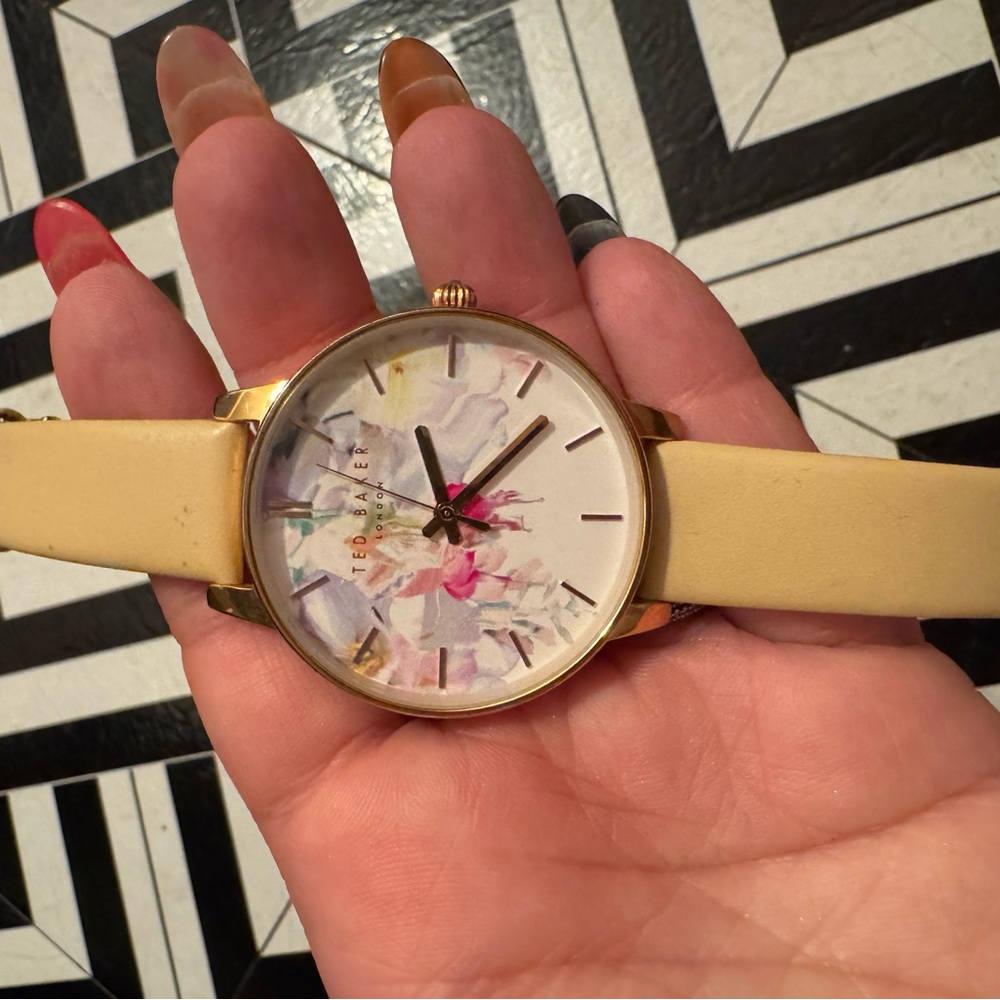 Bezel Watch with Floral Dial and Beige Strap